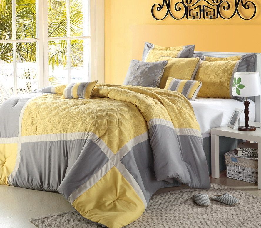 Piece California King Luxury Bedding Set QNC Yellow Grey