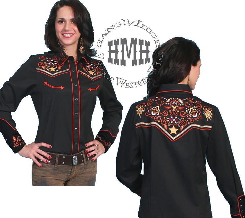 PL 750B Black Scully Western Rodeo Show Cowgirl Shirt M Embroidery