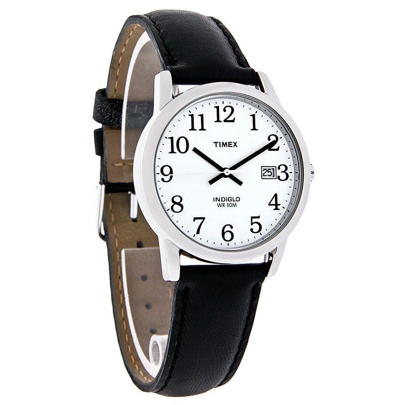 Timex Easy Reader Mens Indiglo White Dial Black Leather Band Watch