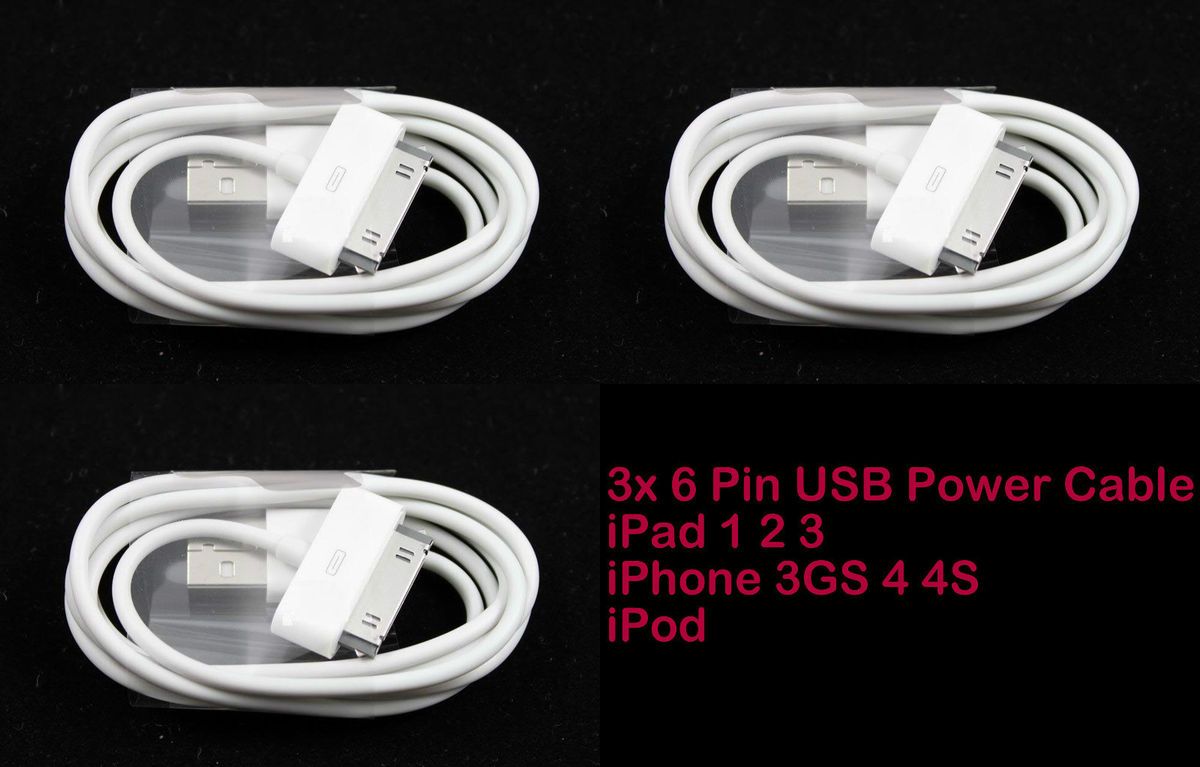 3X 6 Pin USB Power Cable Charger Cord iPad 1 2 iPod iPhone 3GS 4 4S