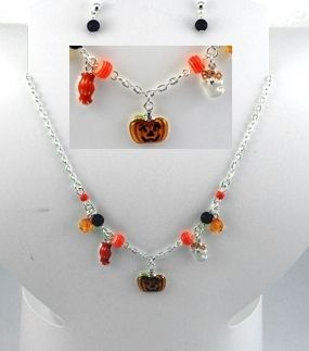 Halloween Necklace Earrings Set Jack O Lantern Ghost Candy Holiday