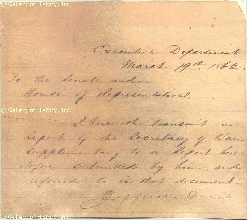Jefferson Davis Manuscript Letter Signed 03 19 1862