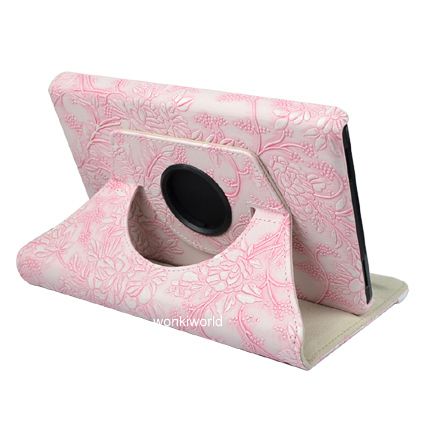 Kindle Fire Leather Case Cover w Rotating Stand Pink Embossed Flowers