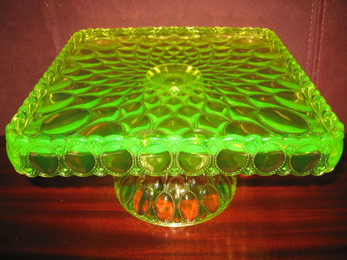 Square Vaseline Uranium Glass cake serving stand / plate platter