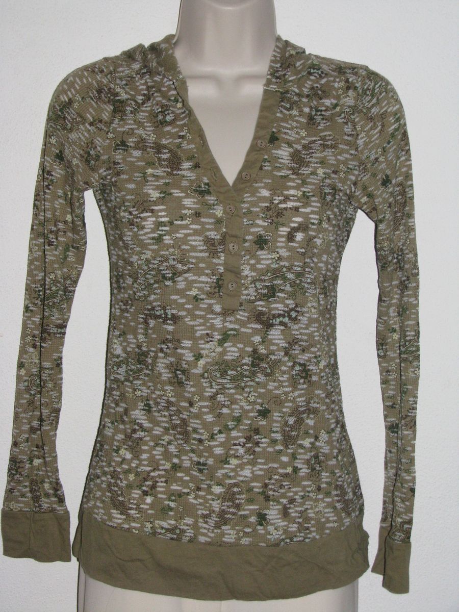 Maurices Sage Green Paisley Hooded Thermal Waffle Knit 1 2 Button Top