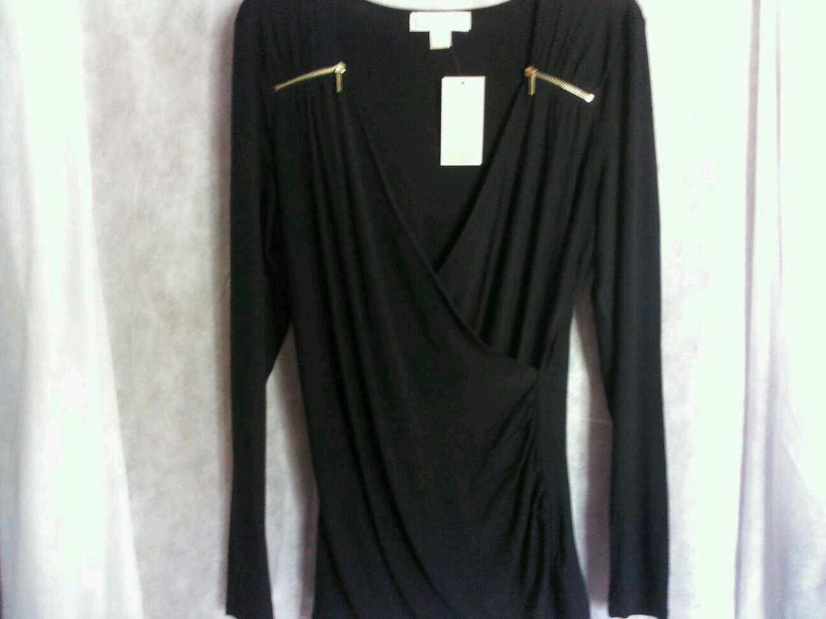 Womens Michael Kors Black Long Sleeve Zip Shirt Top Monogram XL XLarge