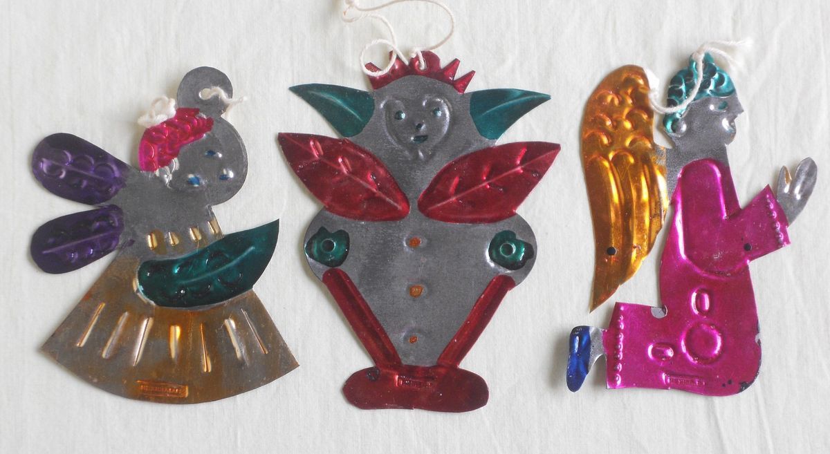 Vintage Tin Christmas Tree Ornaments Mexico Lot of 3 Folk Art Hand