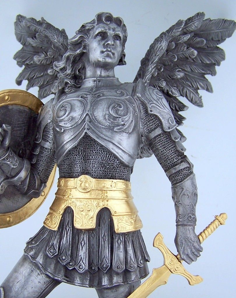 Saint Michael w Sword Slaying Demon Marble Resin Gold Plate Accent