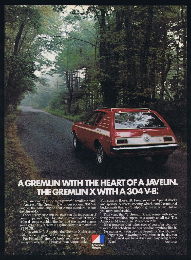 1972 AMC American Motors Gremlin X 304 V 8 Magazine Car Print Ad