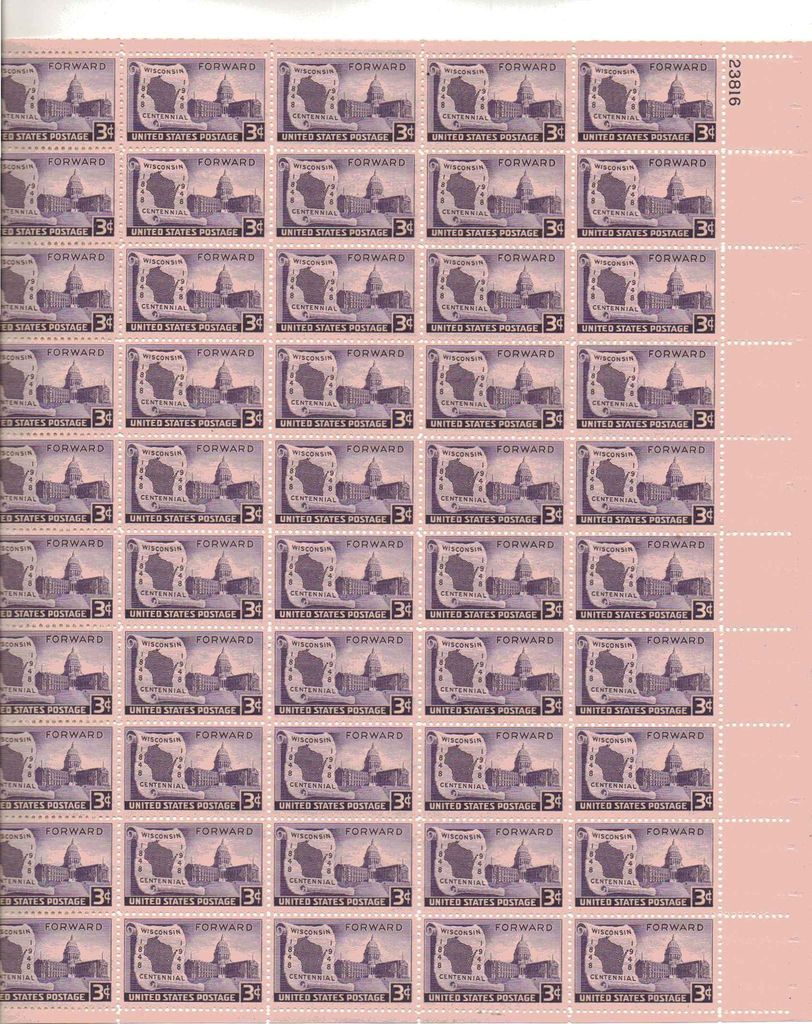Wisconsin Centennial Sheet of 50 x 3 Cent US Postage Stamps NEW Scot