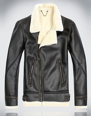 New Mens Air Force Aviator Retro berber Fleece Leather jacket coat #2