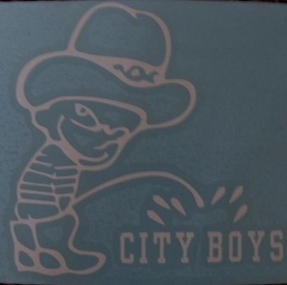 Calvin pee on City Boys, Cowboy Hat, Boots vinyl window sticker