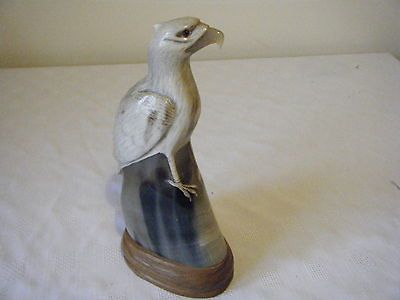 SUPERB CARVED HORN EAGLE MOUNTED ON WOODEN PLINTH