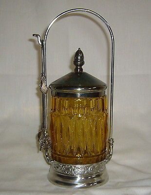 1866 98 AMBER GLASS AMERICAN SILVERPLATE SIMPSON HALL PICKLE CASTOR