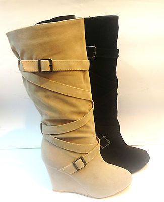 NEW LADIES WOMENS CALF LENGTH WEDGE BOOTS STRAPPY BUCKLE DETAIL SIZES