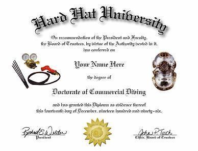 DOCTORATE OF COMMERCIAL DIVING NOVELTY DIPLOMA