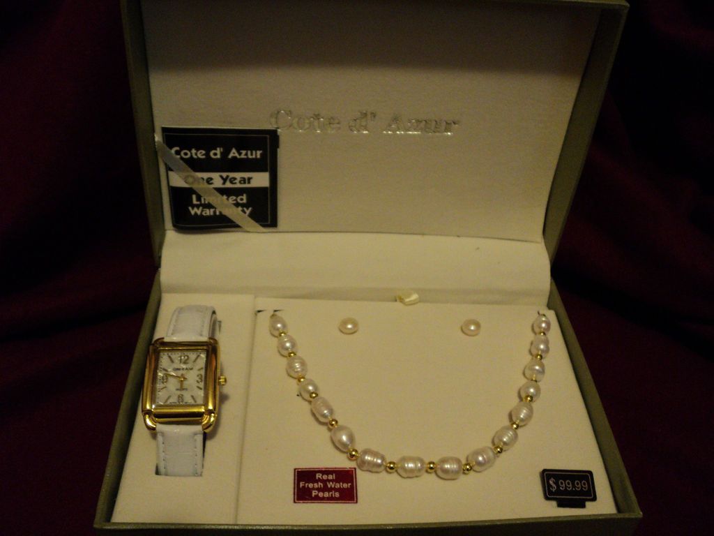 COTE d AZUR WATCH WITH FRESH WATER PEARL NECKLACE & EARRING SET FREE