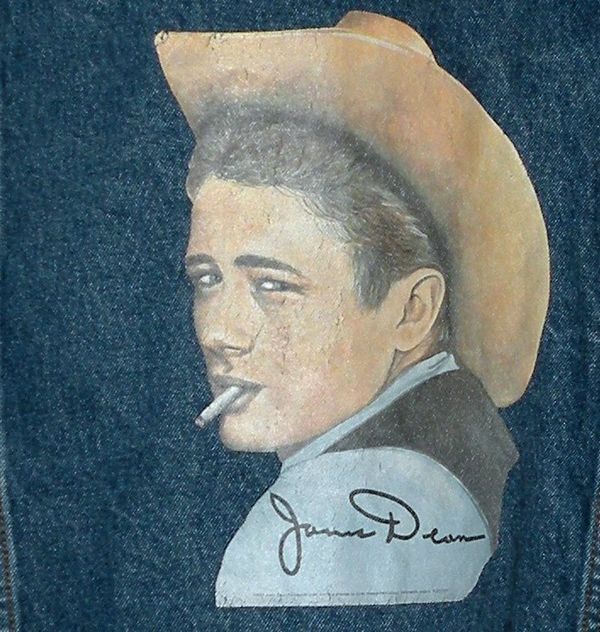 COUNTRY STORE James Dean Print Denim Jean Jacket Leather Collar Sz XL