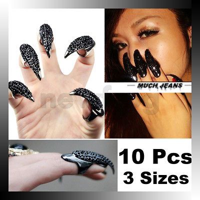 Black 10 Pcs False Nail Jewelry Crystal Rhinestones Claw Paw Talon