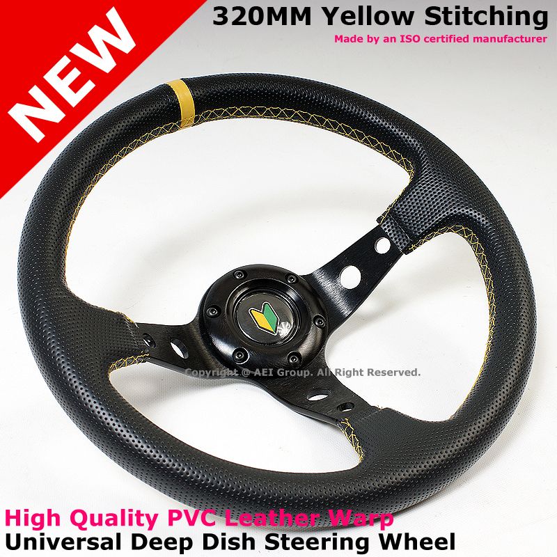 Honda Civic Accord 320mm Yellow Stitches Race Steering Wheel Horn